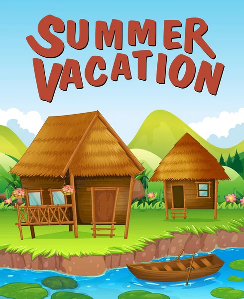 Tema de vacaciones de verano con casas junto al río — Vector de stock