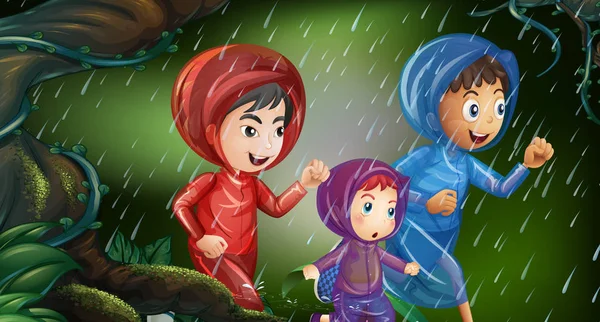 Tres niños corriendo bajo la lluvia — Vector de stock