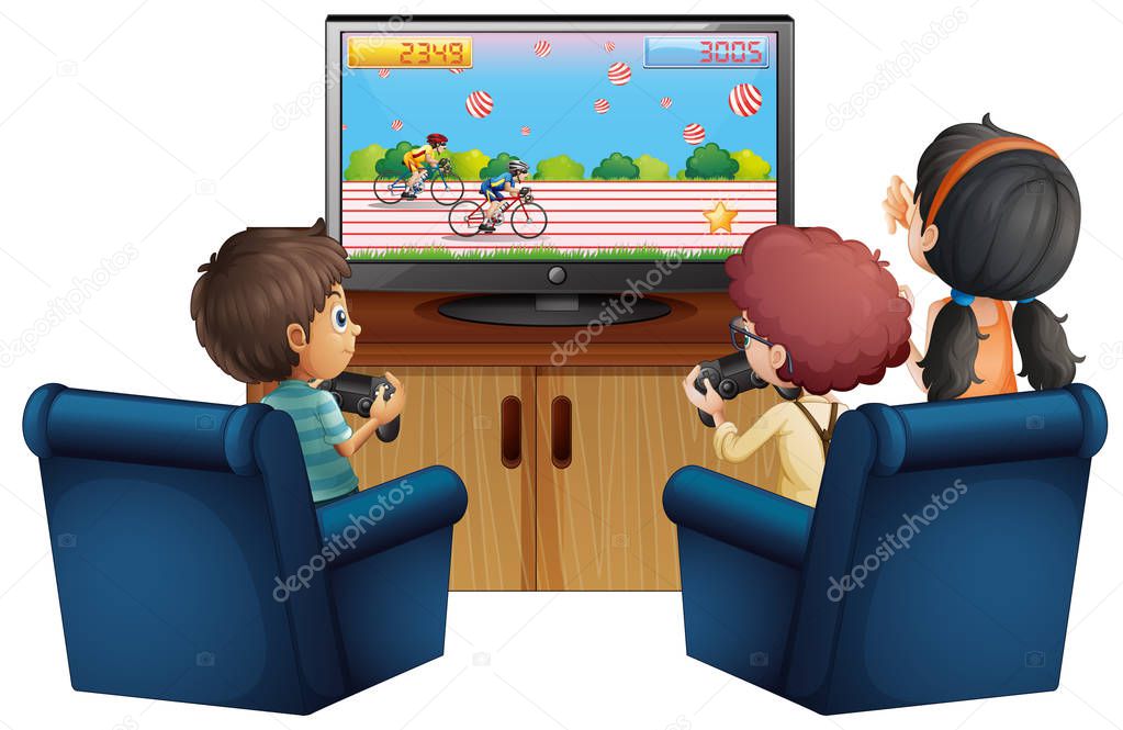 Three kids playing game at home