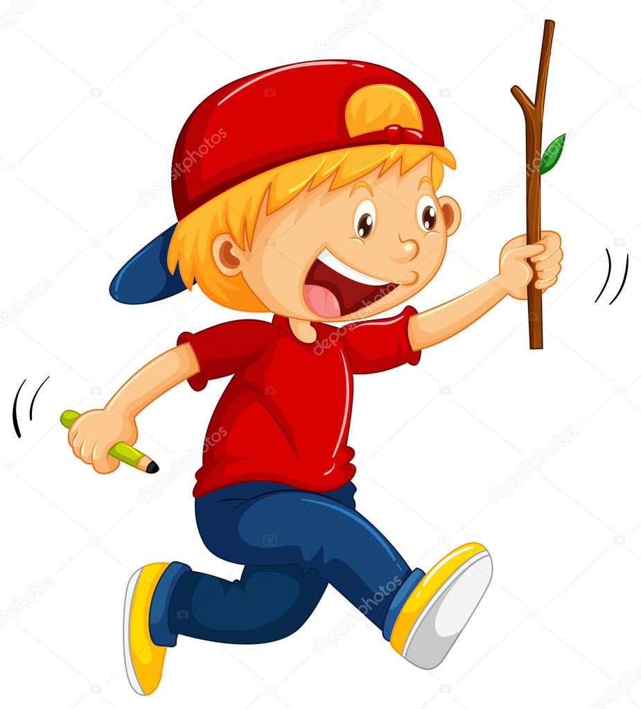 Boy running with stick and pencil in hands