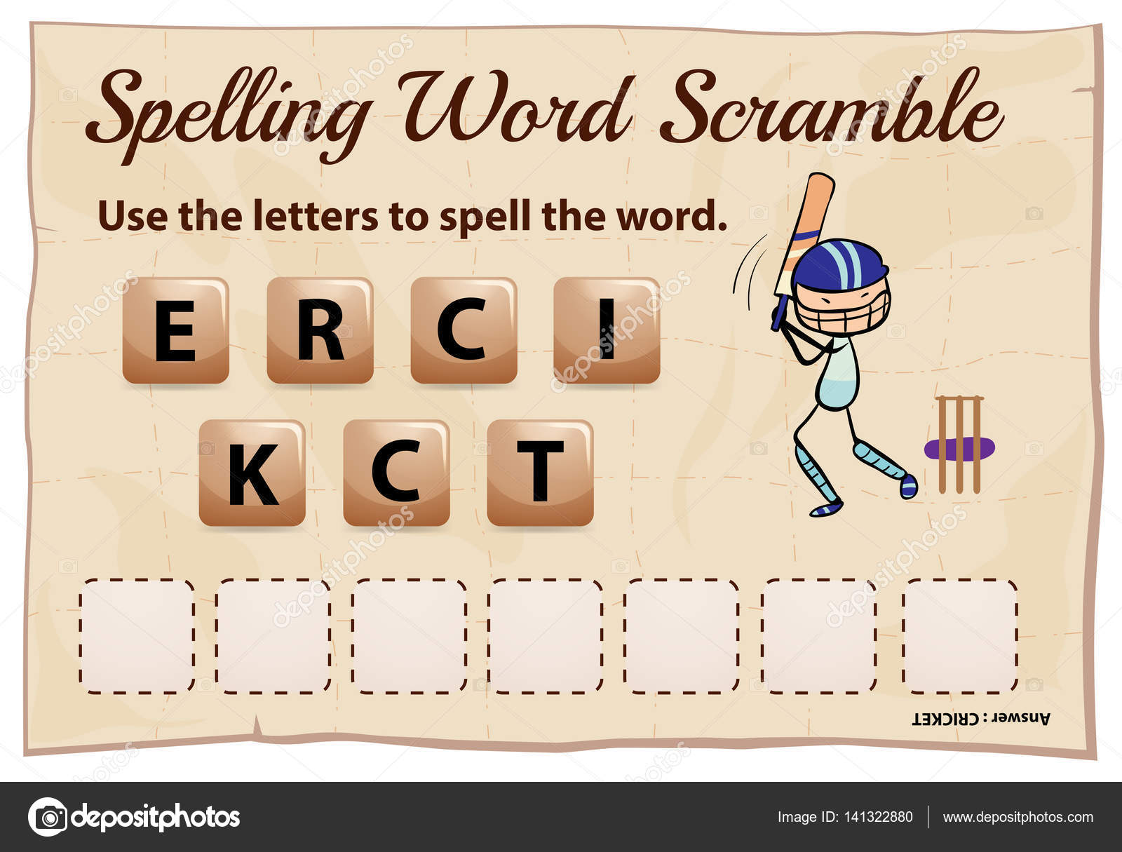 Spelling word scramble game template with cricket sport Stock Vector
