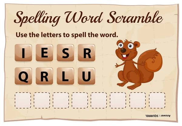 Spelling word scramble game template with word squirrel — Stock Vector