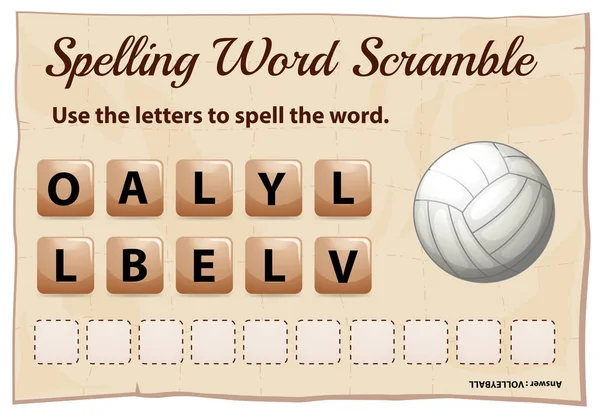 Ortografía palabra scramble juego plantilla con palabra voleibol — Vector de stock