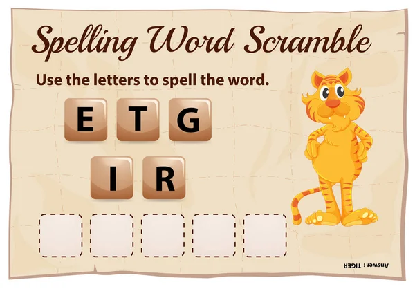 Ortografía palabra scramble juego plantilla con palabra tigre — Vector de stock