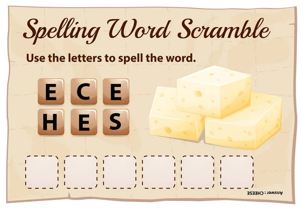 Ortografía palabra scramble juego plantilla con palabra queso — Vector de stock