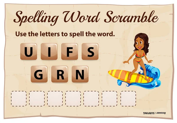 Ortografía palabra scramble juego plantilla con el surf — Vector de stock