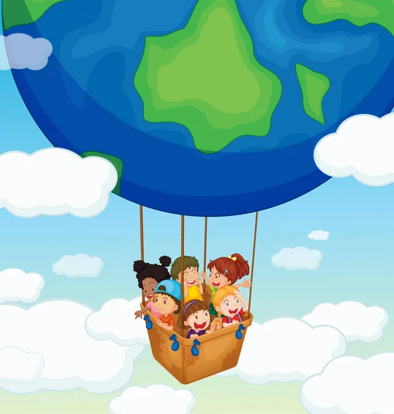 Happy kids riding on big balloon — Stock Vector