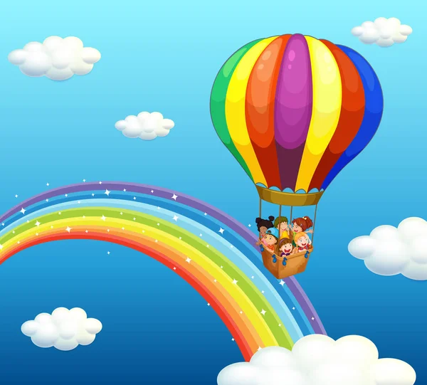 Children riding in big balloon over the rainbow — Stock Vector