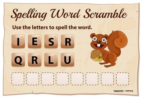 Spelling word scramble game template with squirrel — Stock Vector