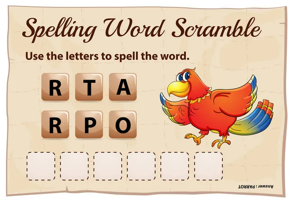 Spelling word scramble game template with word parrot — Stock Vector