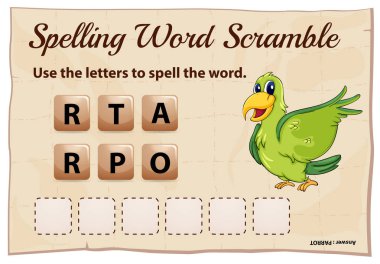 Word scramble oyun şablonu papağan için yazım denetimi