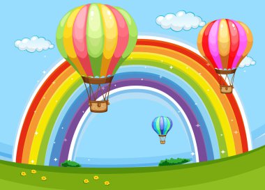 Gökkuşağının üstünde uçan renkli balonlar