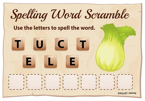 Ortografía palabra scramble juego con palabra lechuga — Archivo Imágenes Vectoriales