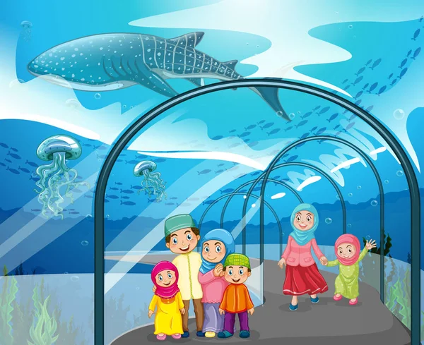 Muslim people visiting aquarium — Stock Vector