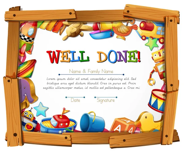 Certificate template with toys around the frame — Stock Vector