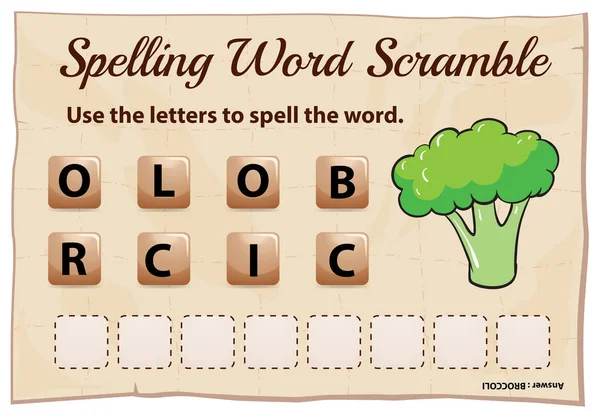 Jogo de palavras ortográficas scramble com palavra brocolli —  Vetores de Stock