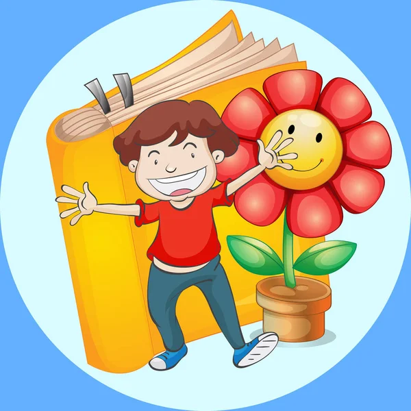 快乐的男孩，与书和花背景 — 图库矢量图片