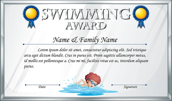 Modèle de certificat pour la récompense de natation — Image vectorielle