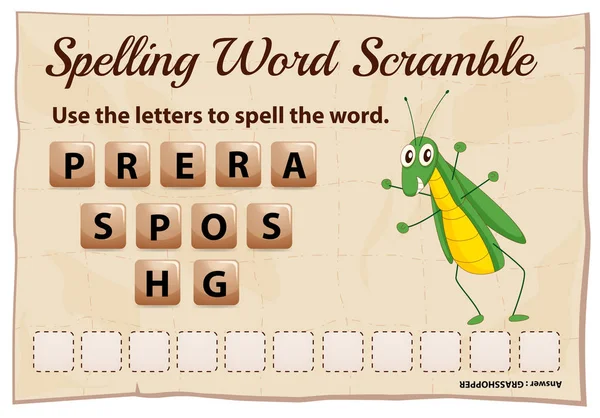 Plantilla de juego Spelling scramble para saltamontes — Vector de stock