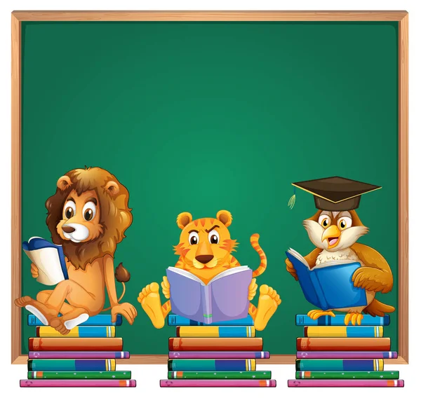 Diseño de marco con libros de lectura de leones y tigres — Vector de stock