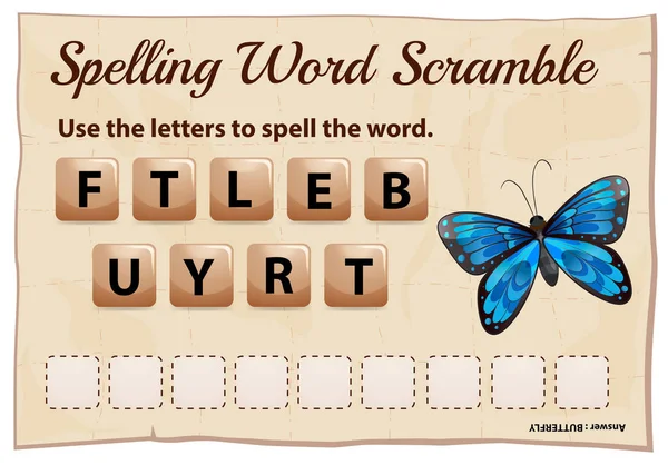 Ortografía palabra scramble juego plantilla para mariposa — Archivo Imágenes Vectoriales