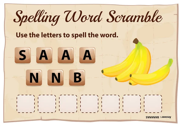 Modelo de jogo de scramble ortográfico para bananas —  Vetores de Stock