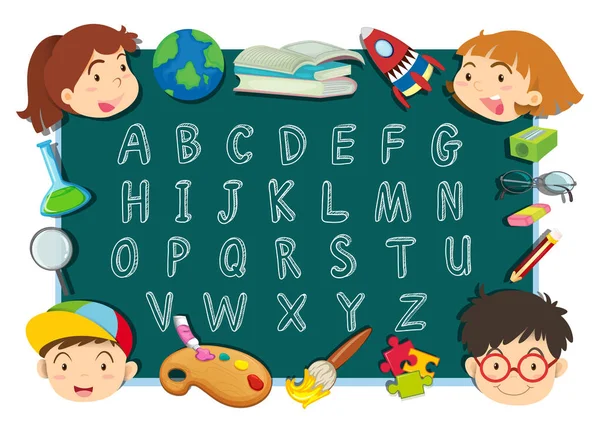 Projeto da fonte do alfabeto com crianças e artigos de papelaria — Vetor de Stock