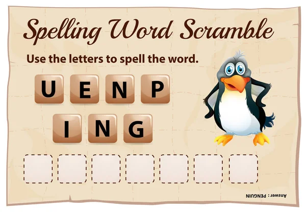 Ortografía palabra scramble juego con el pingüino — Vector de stock