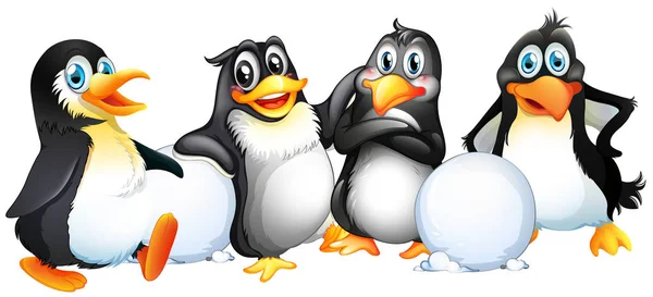 Cuatro pingüinos con bolas de nieve — Archivo Imágenes Vectoriales