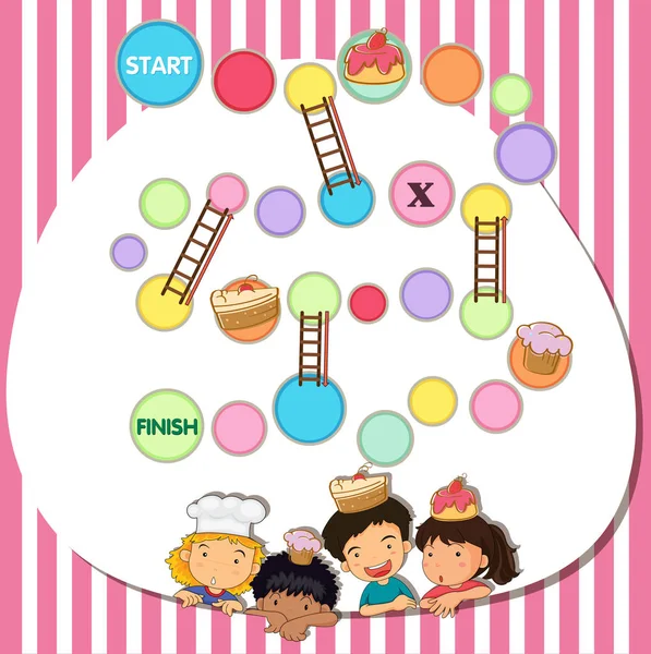 Modelo de jogo com crianças e bolo no fundo — Vetor de Stock