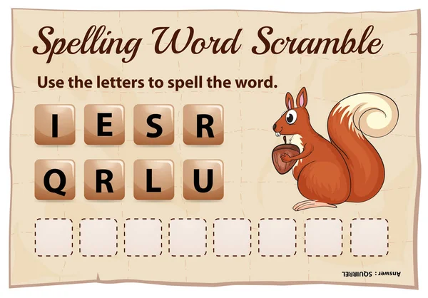 Ortografía palabra scramble juego con la palabra ardilla — Archivo Imágenes Vectoriales