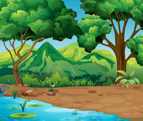 Escena con árboles y río en el bosque — Vector de stock