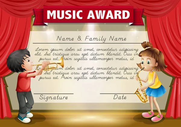 Szablon certyfikatu z dziećmi odtwarzanie muzyki na scenie Grafika Wektorowa