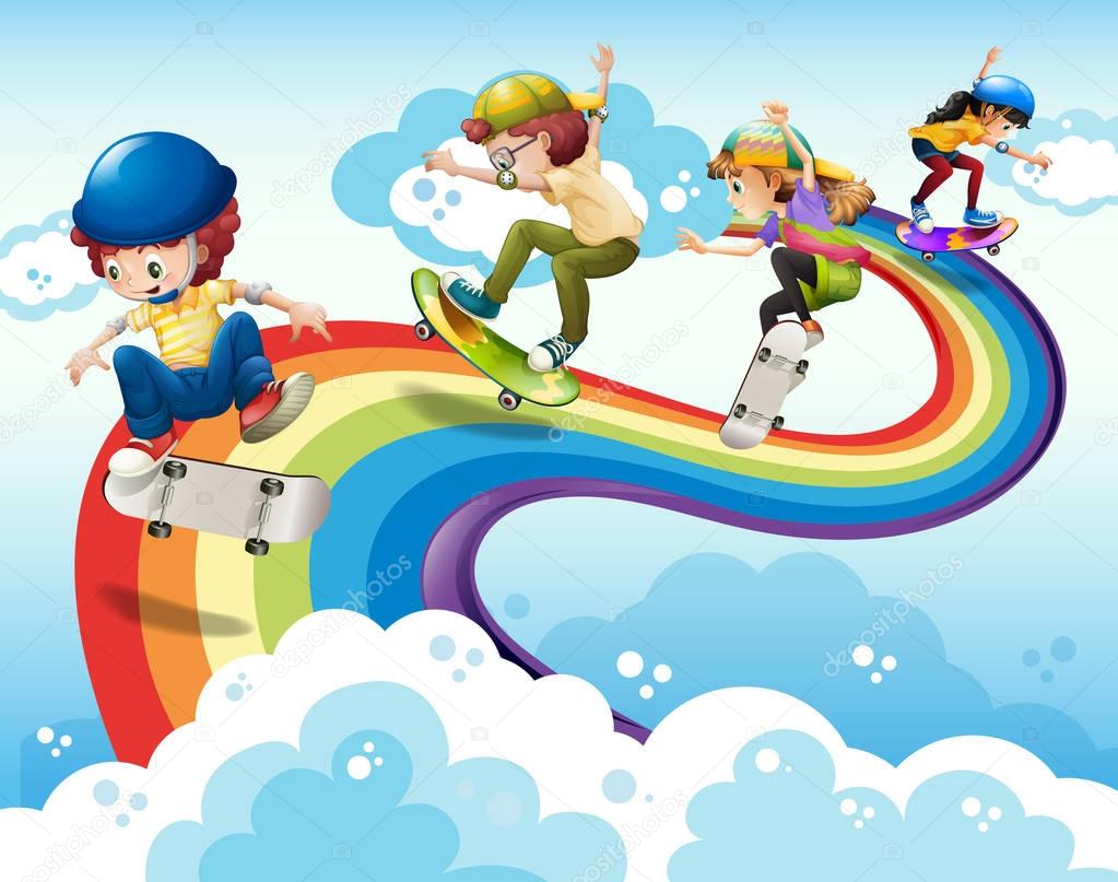 Children skateboarding on rainbow in sky