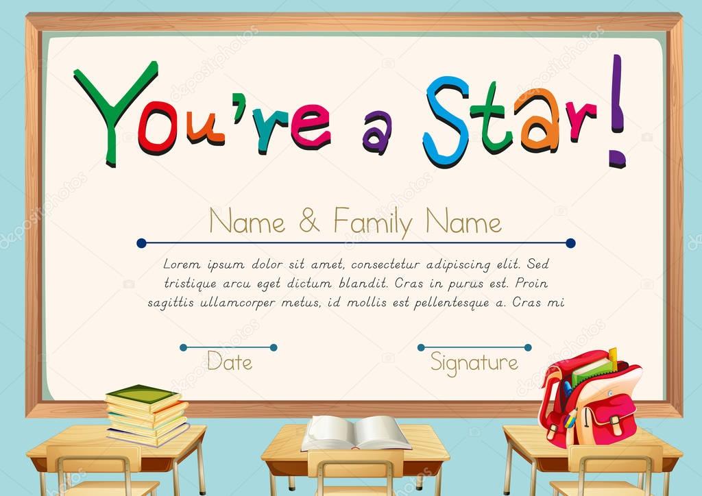 Certificate template with books in classroom background