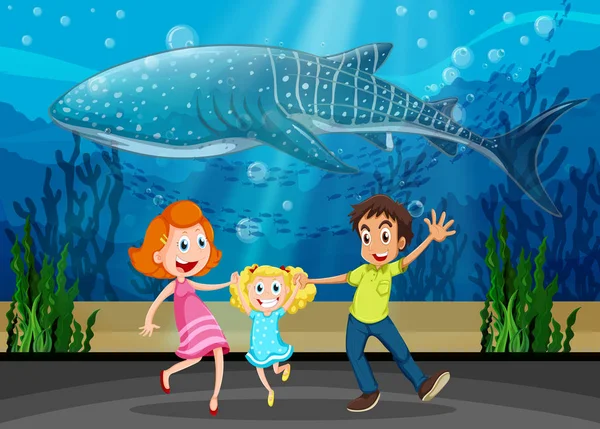 Family and killing whale in aquarium — Stock Vector