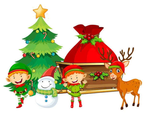 Elfos e boneco de neve na árvore de Natal — Vetor de Stock