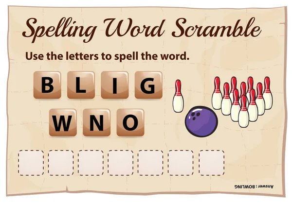 Spelling word game with word bowling — Stock Vector