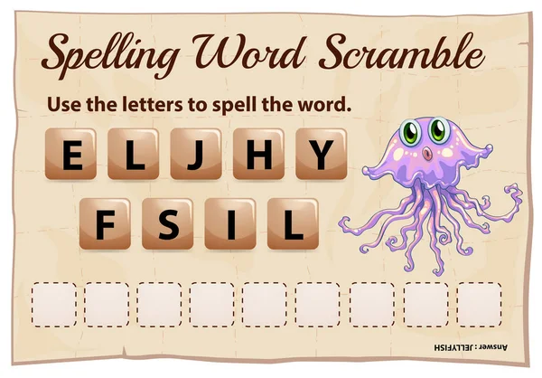 Yazım kelime scramble oyunu ile kelime denizanası — Stok Vektör