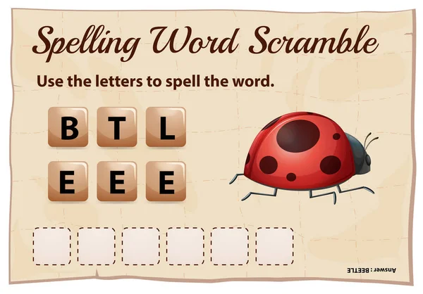 Ortografía palabra scramble juego de palabras escarabajo — Archivo Imágenes Vectoriales
