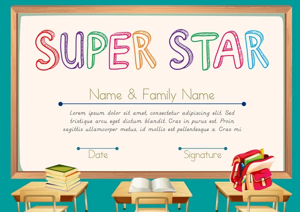 Modelo de certificado para super estrela com fundo de sala de aula —  Vetores de Stock