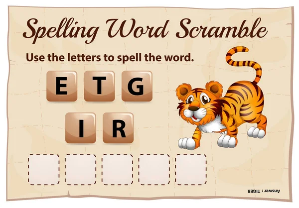 Jogo de palavras ortográficas scramble com tigre palavra —  Vetores de Stock