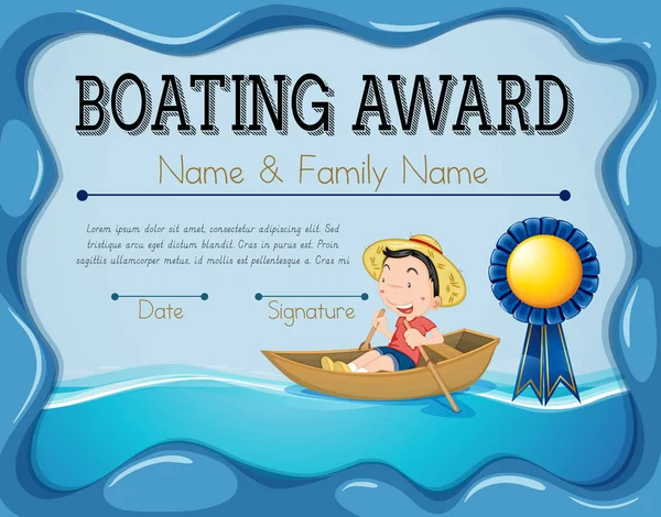 Boating award template with boy rowing boat background — Stock Vector