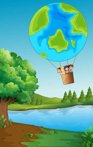 Kinder fahren mit Ballon über den Park — Stockvektor