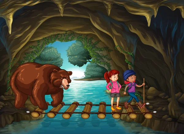徒步旅行者和熊在山洞里 — 图库矢量图片