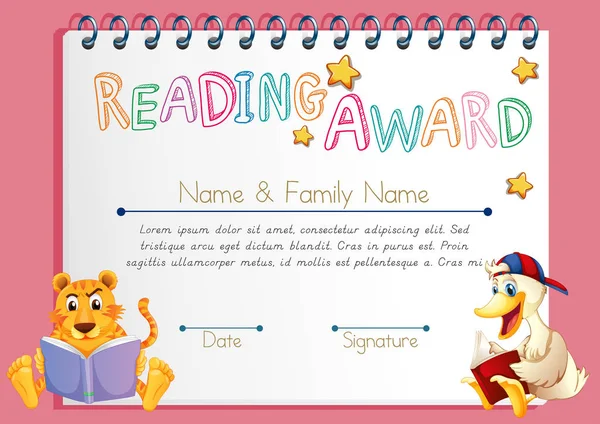 Reading award template with animals reading books — Stock Vector