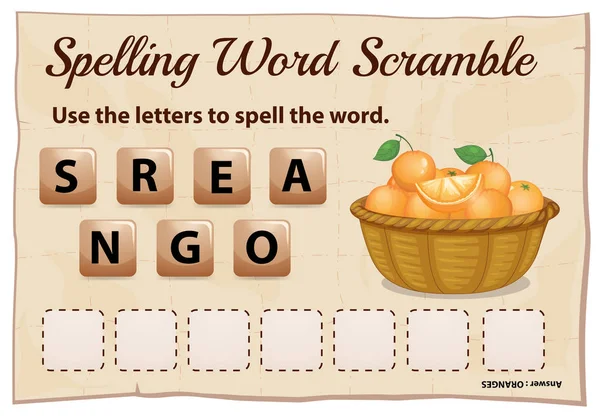 Spelling word scramble game with word oranges — Stock Vector