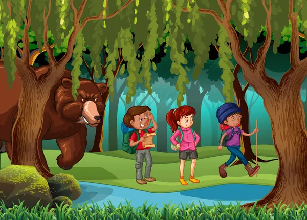 Ours brun debout derrière les randonneurs en forêt — Image vectorielle