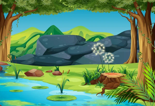 Escena con el río en el bosque — Vector de stock