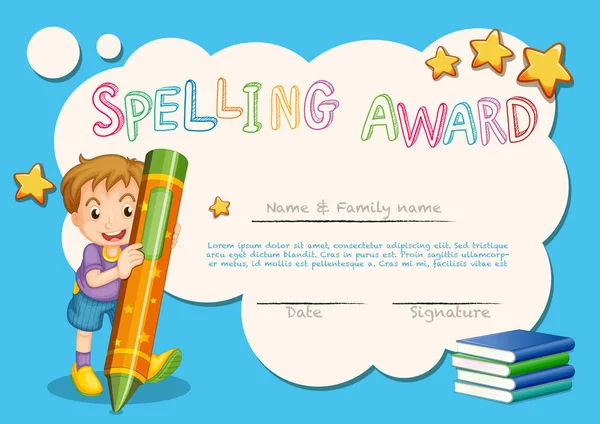 Modelo de prêmio ortográfico com criança e livro em segundo plano — Vetor de Stock